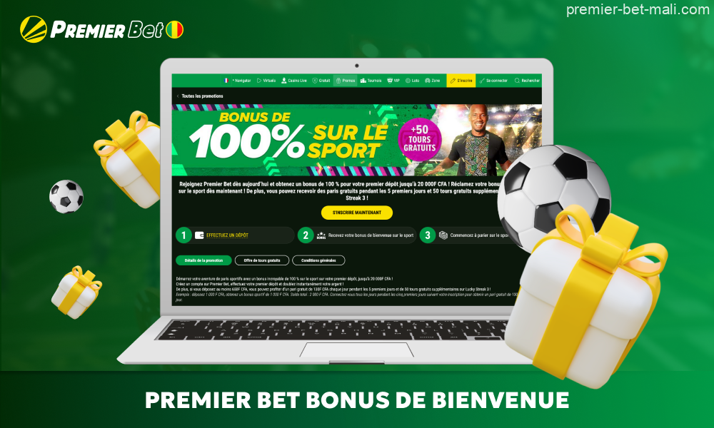 Les nouveaux joueurs de Premier Bet Mali reçoivent un bonus de bienvenue de 100% sur leur premier dépôt