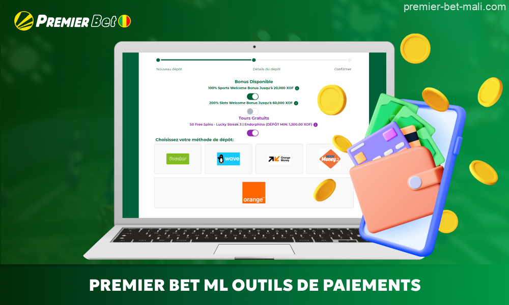 Premier Bet Mali propose aux joueurs d'effectuer des dépôts par le biais de systèmes de paiement pratiques, sans commission pour le dépôt et le retrait des fonds